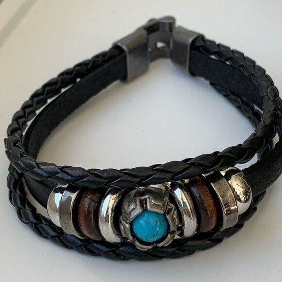 Men’s Black Ibiza Vegan Leather Multi-Strand Cuff Bracelet with Faux Turquoise - Picture 5 of 11